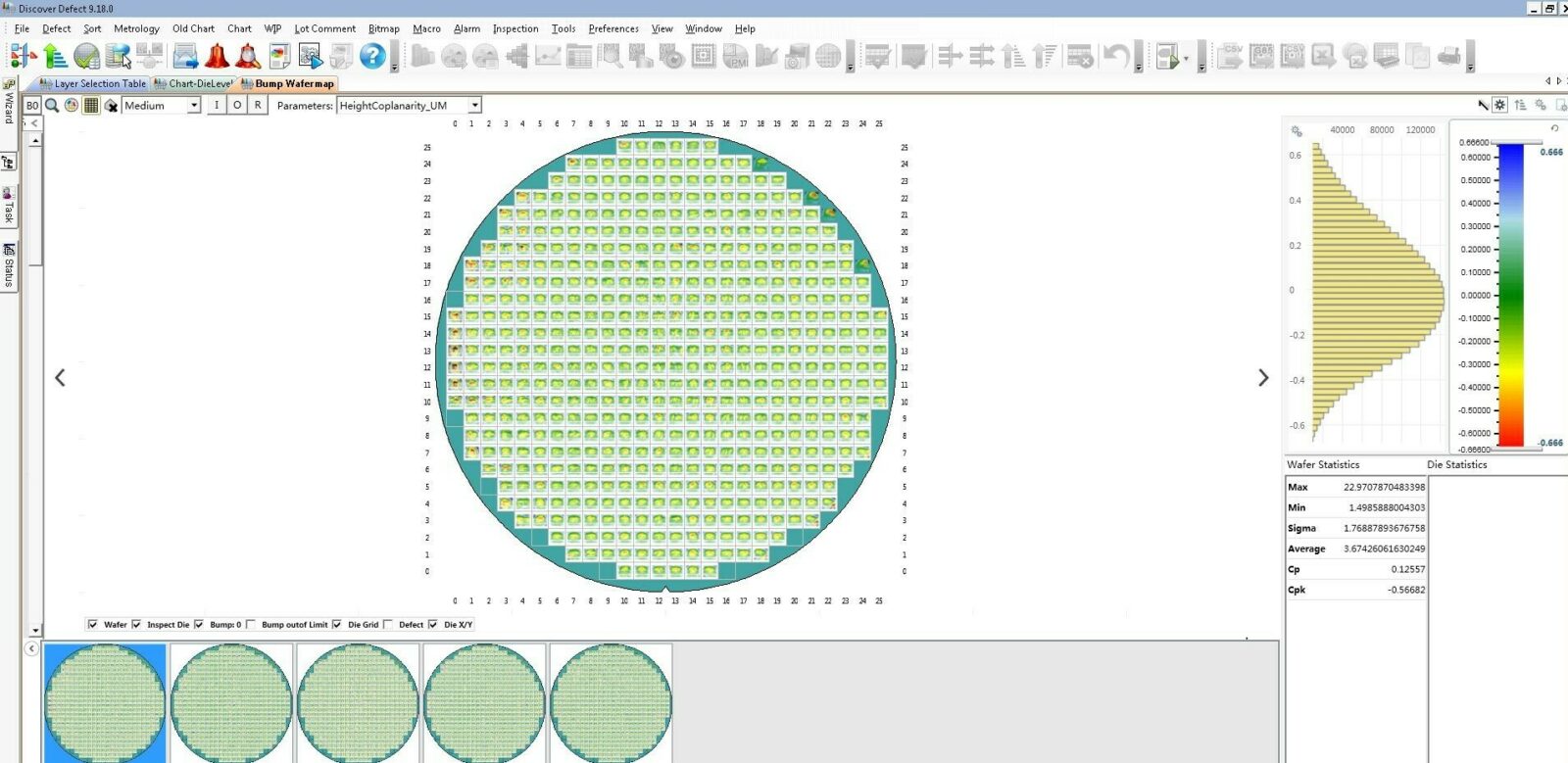 Figure 1: Coplanarity wafer map visually alerts users when bump height tolerances are too high or too low.